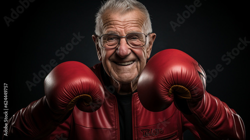 Funny grandfather wearing red boxing gloves. Generative Ai © Vika art