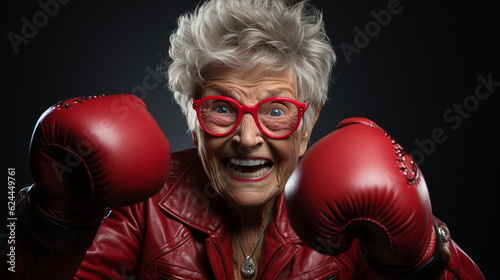Funny grandmother wearing red boxing gloves. Generative Ai