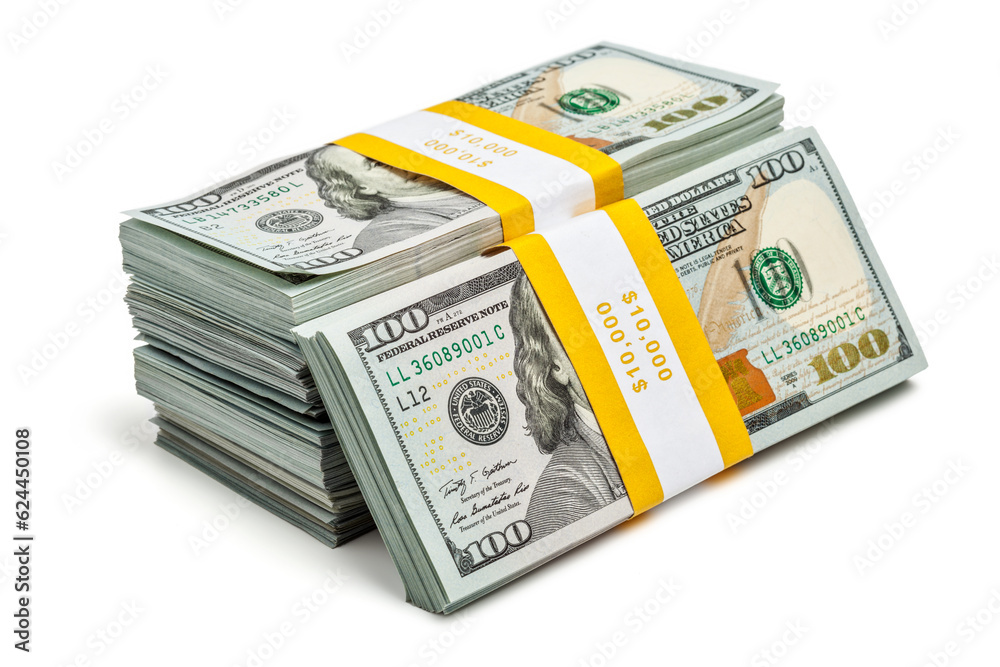 Creative business finance making money concept - stack of bundles of 100 US dollars 2013 edition banknotes bills isolated on white Creative business finance making money concept - stack of bundles of 100 US dollars 2013 edition banknotes bills isolated on white