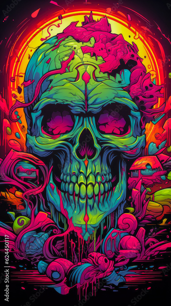 Neon Skulls in Silk screened Style Trance Compilation CD of Otherworldly Illustrations in Clock punk and Ghost core Aesthetics