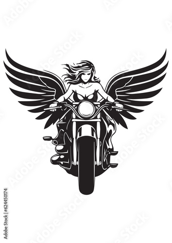 female angel with wings rides a motorcycle,black and white color motorcycle tattoos,motorcycle stickers,eps vector illustration,