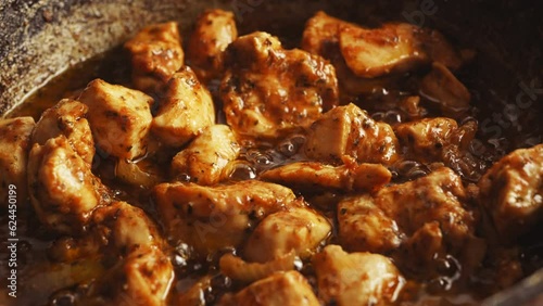 Chunks of chicken in spices fried in a cast-iron skillet in oil gurgle. Close-up photo