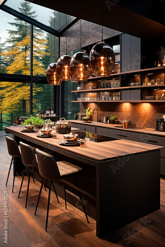 Stylish and luxurious modern kitchen design in dark brown colors in a country house  mansion. Brutal interior design. 