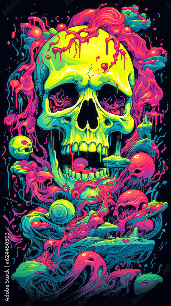 Neon Skulls in Silk screened Style Trance Compilation CD of Otherworldly Illustrations in Clock punk and Ghost core Aesthetics Neon Skulls in Silk screened Style Trance Compilation CD of Otherworldly Illustrations in Clock punk and Ghost core Aesthetics