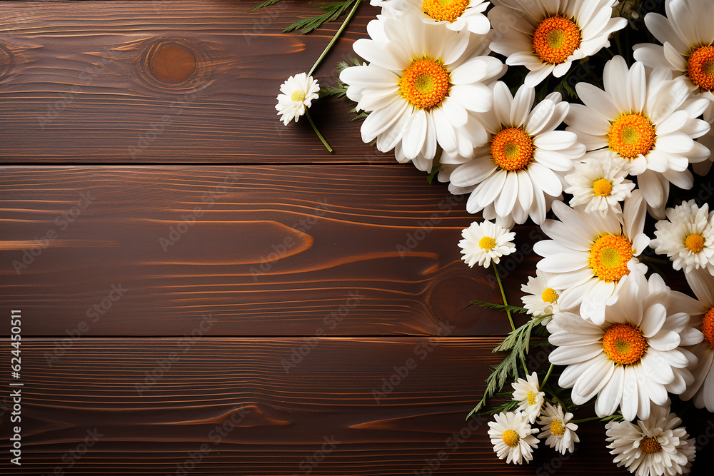 Obraz premium Summer chamomile flowers on brown wooden background. Flat lay, copy space. Generative AI