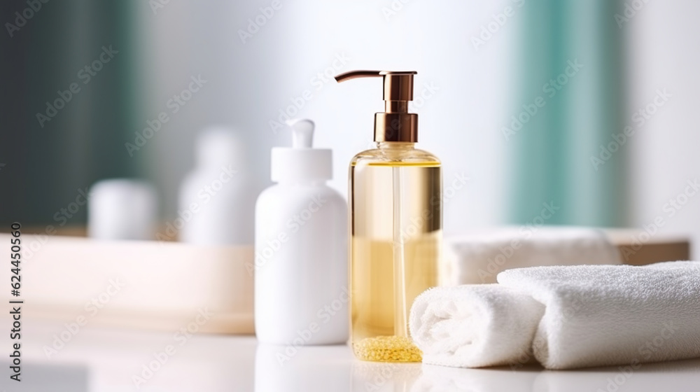Composition with soap dispenser and towels on white table indoors. Generative AI Composition with soap dispenser and towels on white table indoors. Generative AI