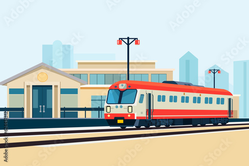 The train rides against the backdrop of the railway station. The train or subway arrives at the station. Vector illustration.