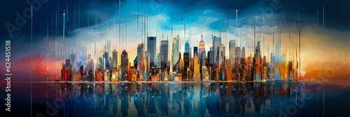 Colorful art illustration of a panoramic view of the manhattan skyline in NYC. The tall skyscrapers dominate the downtown horizon with a golden light.