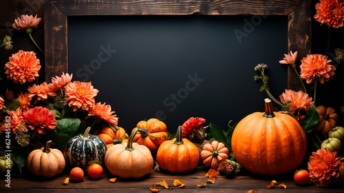 Halloween mockup space with pumpkins  flowers and fallen leaves. Black board with autumn holiday decoration with copy space.