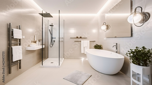 White ceramic bathtub placed near glass shower cabin in stylish spacious bathroom with heated towel rail and bright glowing lamps  Generative AI