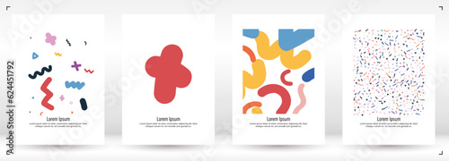 Abstract Minimal Vector Background in Trendy Doodle Style.   Vibrant Graphic Print with Dynamic Lines and Geometric Shapes.  Set of Vivid Poster 80s - 90s Design for Landing Page, Cover, Brochure.