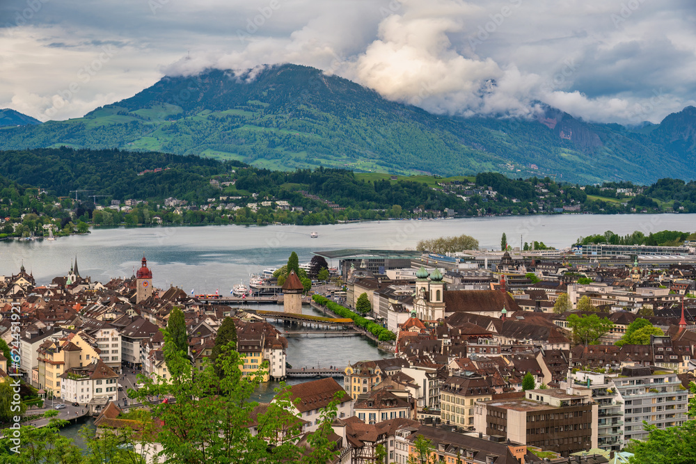 Lucerne (Luzern) Switzerland, high angle view city skyline at Chapel Bridge, Reuss River and Lake Lucerne