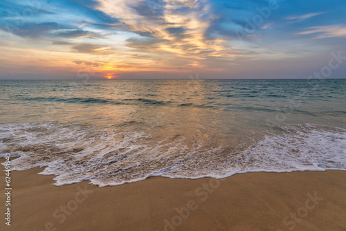 Tropical islands sunset view of ocean blue sea wave water and white sand beach, nature landscape in Thailand