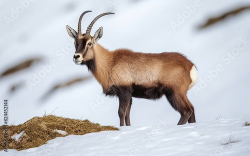 Calm wild alpine chamois with brown fur and horns walking on dry grassy lawn covered with white snow in winter nature of national park. Generative AI