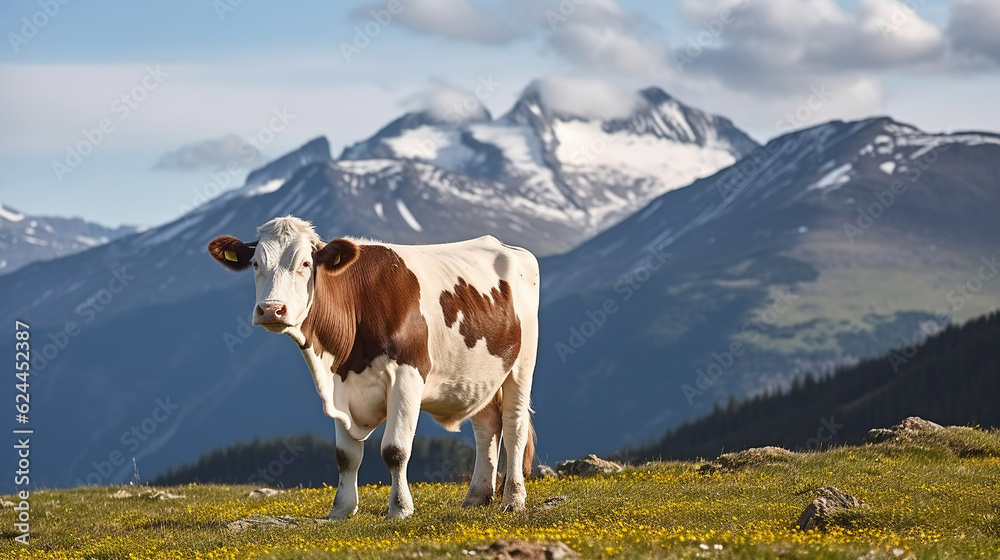 A Beautiful Cow Amidst the Alpine Meadow, with Towering Snowy Mountains Creating a Captivating Vista. Generative AI A Beautiful Cow Amidst the Alpine Meadow, with Towering Snowy Mountains Creating a Captivating Vista. Generative AI