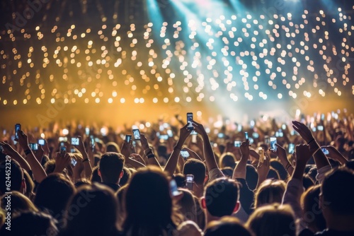 A crowd of people at a live event, concert or party holding hands and smartphones up .Generative AI 8