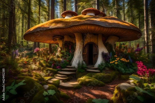 beautiful little mushroom house in the forest AI GENERATED photo