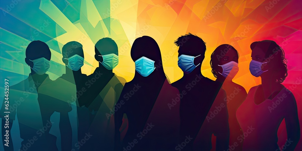 Diverse People Silhouettes in Masks- This illustration depicts a group of diverse people in silhouette, symbolizing the normal during the pandamic  Doctor Silhouette Generative Ai Digital Illustration