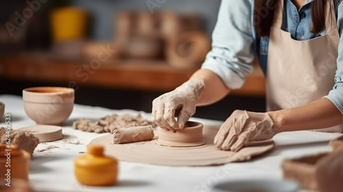Fotografia Cropped unrecognizable female artisan in apron sitting at table and rolling clay