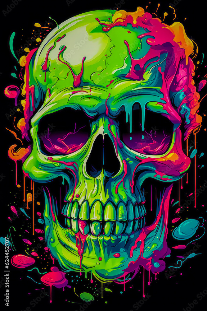 Luminous Enigma Abstract 3D Skull in Neon Colors, Inspired by Memphis Design