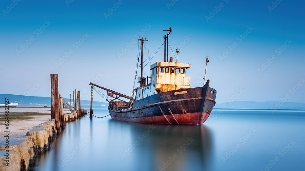 Fototapeta premium Long Exposure Capture of an Old Ship at the Pier amidst Serene Waters on a Summer Day. Generative AI
