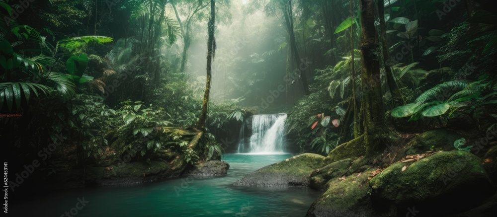 Tranquil waterfall and pool in a lush, misty jungle setting.