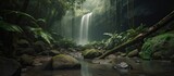 Serene waterfall in a dense tropical jungle with sunlight filtering through.