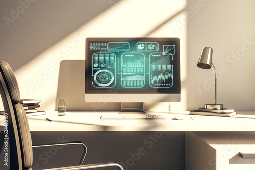 Modern computer screen with creative statistics data hologram, stats and analytics concept. 3D Rendering