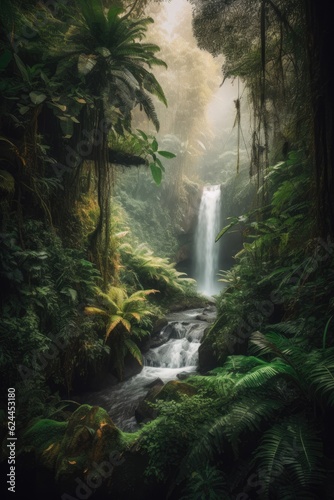 Majestic waterfall in a rainforest, with sunlight piercing through the canopy.