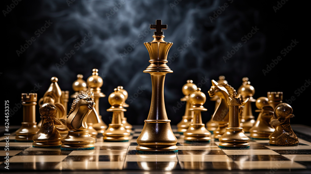 business strategy brainstorm chess board game with hand touch black background with free copy space for your text