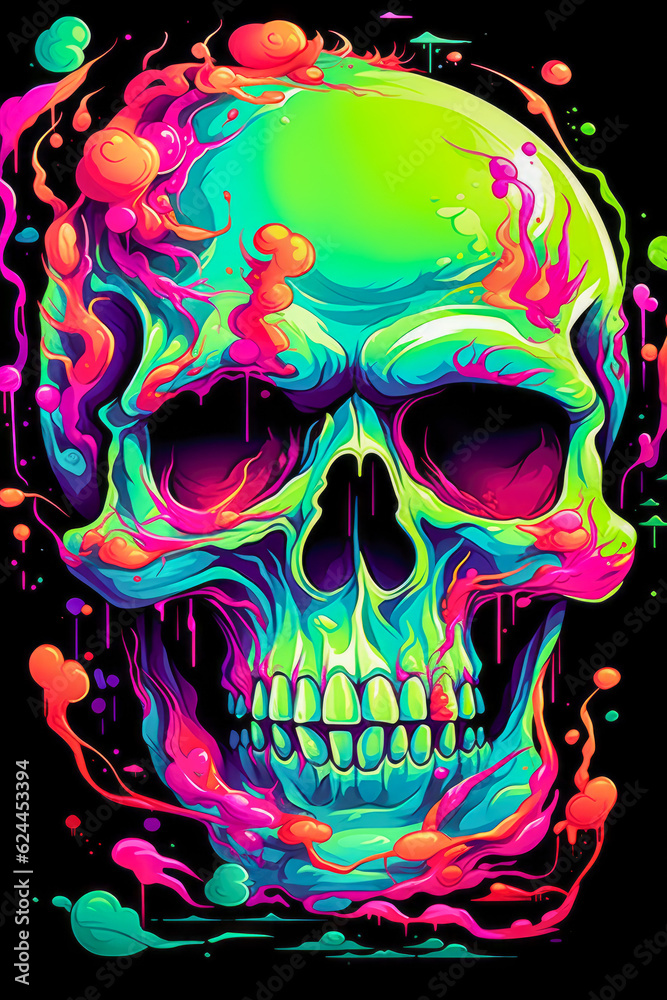 Luminous Enigma Abstract 3D Skull in Neon Colors, Inspired by Memphis Design Luminous Enigma Abstract 3D Skull in Neon Colors, Inspired by Memphis Design
