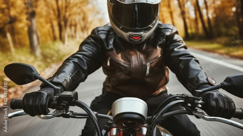 Unrecognizable biker in protective helmet and cozy leather jacket with hand gloves. Generative AI