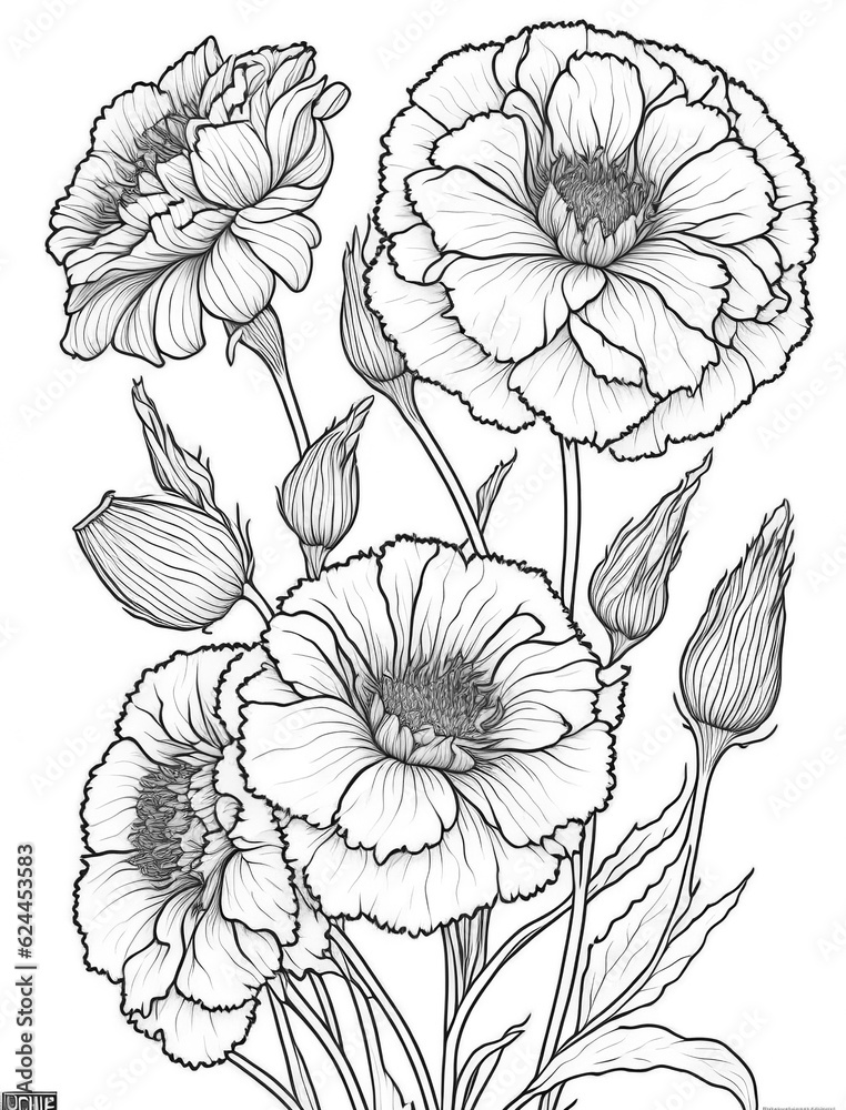 Carnations flowers coloring book page for adults on transparent background. Generative AI