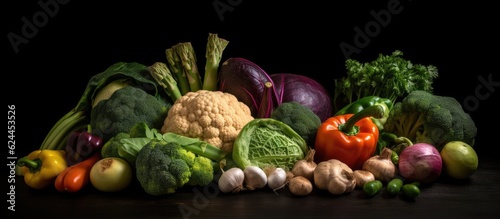 Assortment of fresh vegetables on a dark background with dramatic lighting.