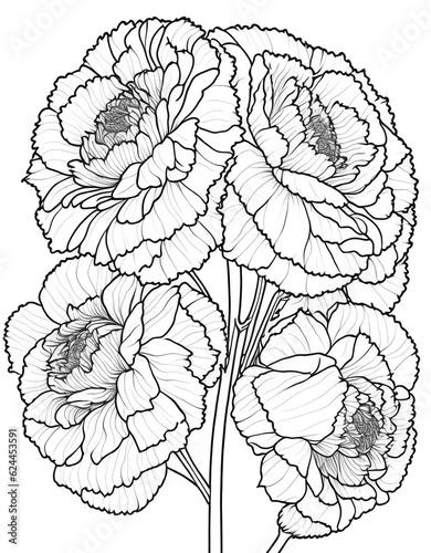 Carnations flowers coloring book page for adults on transparent background. Generative AI