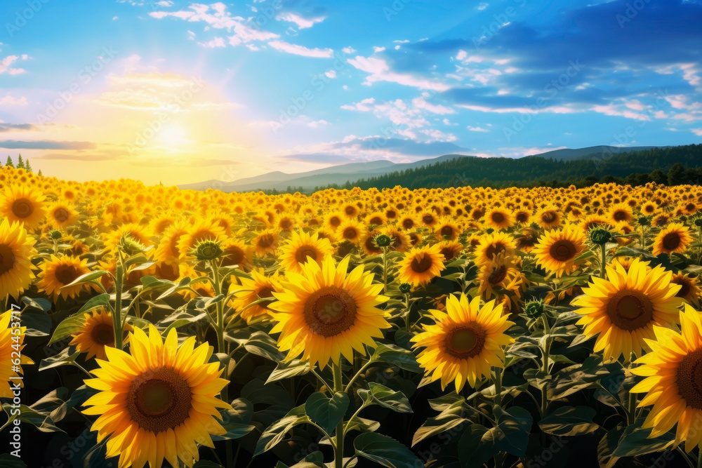 Fields of blooming sunflowers. Generative AI