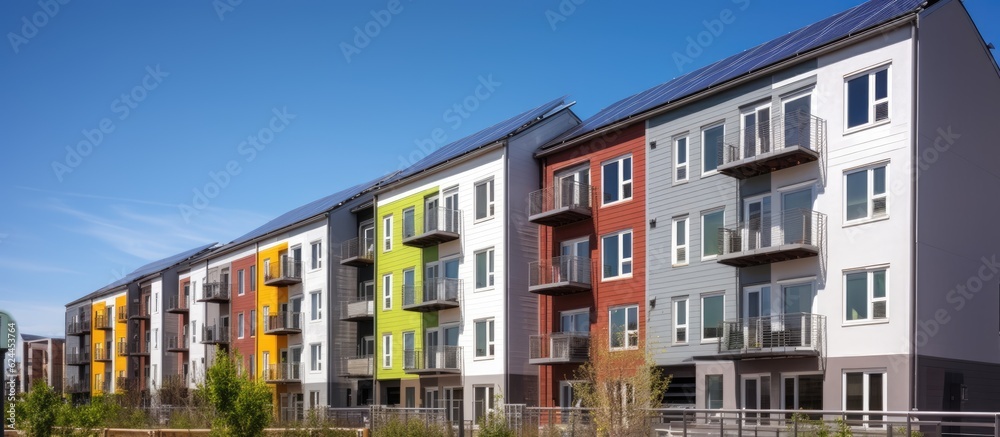 Modern colorful apartment buildings with solar panels under a clear sky.