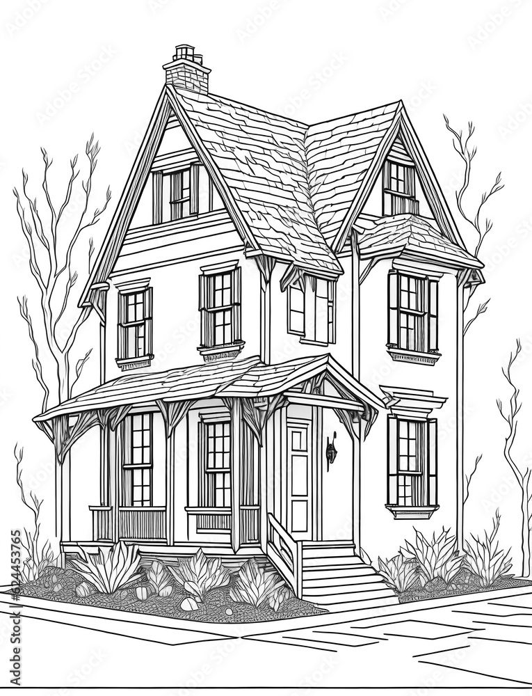 House coloring book page with clean line art on transparent background. Generative AI
