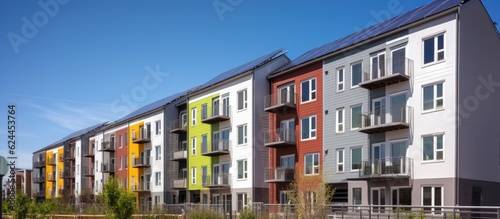 Modern colorful apartment buildings with solar panels under a clear sky.