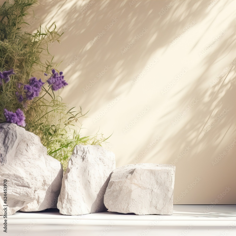 Creative wall background, product backdrop with plants, branches and textured stones, commercial template with copy space Creative wall background, product backdrop with plants, branches and textured stones, commercial template with copy space