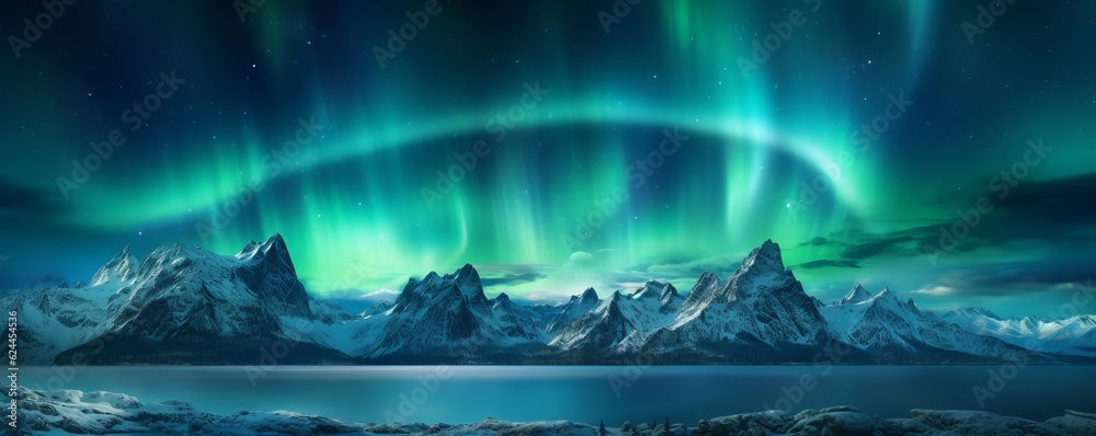 Space. Northern lights. Night landscape. Green light. Reflections in the sky.AI generation.