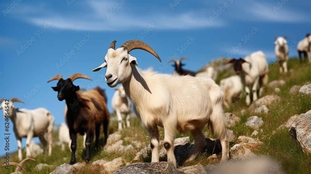 Herd of domestic mountain goats grazing on green grassy rocky hill in countryside with blue sky. Generative AI