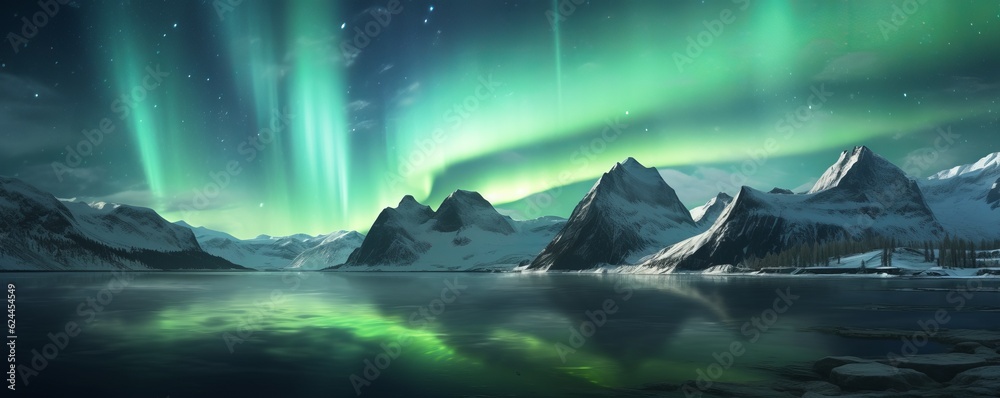 Space. Northern lights. Night landscape. Green light. Reflections in the sky.AI generation.