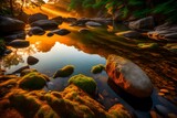 river surrounding mountains sunset view AI GNERATED