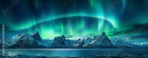 Space. Northern lights. Night landscape. Green light. Reflections in the sky.AI generation.