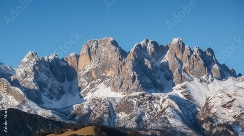 Majestic view of mountain range and peaks covered by snow located under blue sky in spain  Generative AI