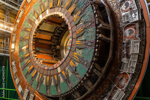 Hadron collider and the moment of two atoms colliding, Imagination of action, Science fiction, Big Data Concept, Flow of digital data in global network, Quantum computer, created with Generative AI