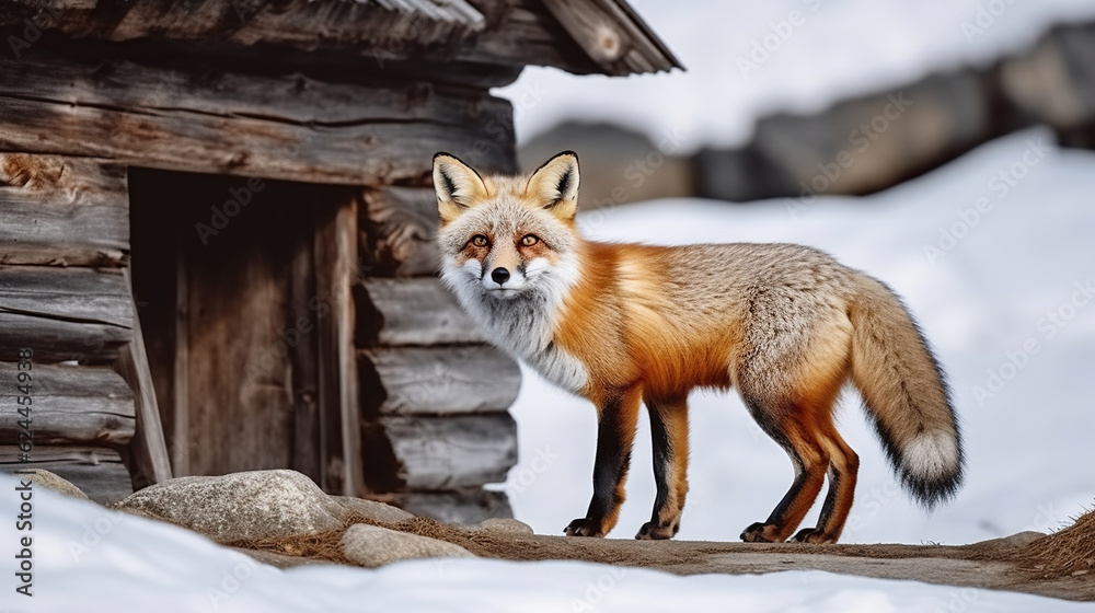Obraz premium A Wild Red Fox Stands Proud on Snowy Ground, Gazing at the Camera Against a Wintry Backdrop of a Wooden Cabin. Generative AI