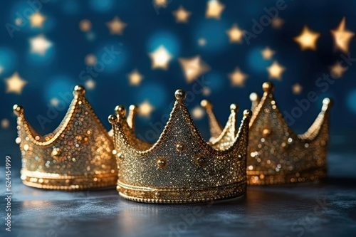 Stampa su tela Three shiny golden crowns on navy blue background