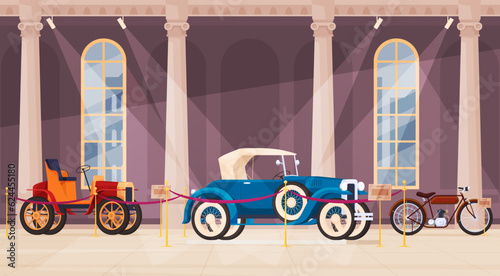 Vintage passenger transport in the museum. Historical first cars, motorcycles. Retro transport for driving. Vector illustration